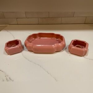 Rosemeade Pink Console Set Bowl and Two Candleholders
